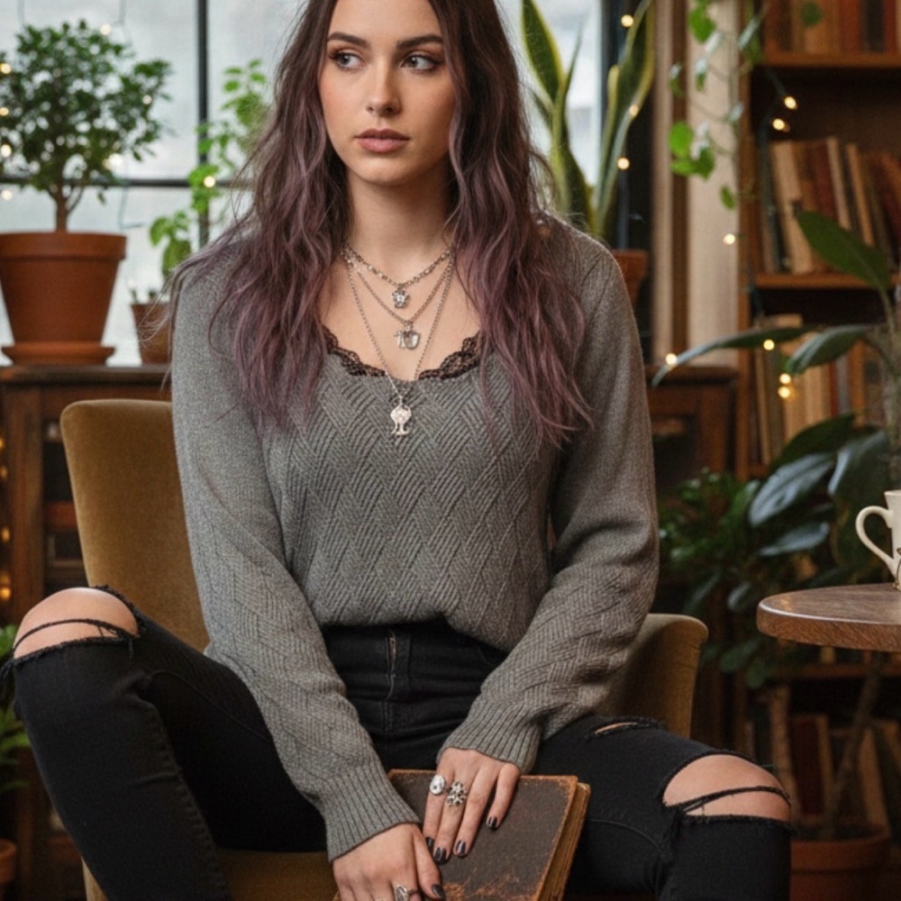 Distressed Raw Hem Diamond Knit Sweater Gray Oversized Boho Grunge M/ L Gorpcore